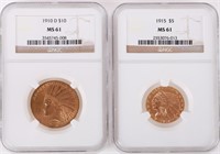 1910 & 1915 INDIAN HEAD $10 & $5 GOLD 90% COINS