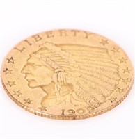 1909 $2.5 INDIAN HEAD QUARTER EAGLE 90% GOLD