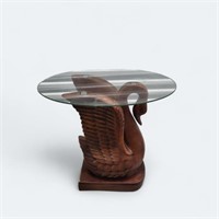 Carved Wood Swan Glasstop End Table