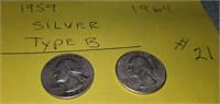 1959 & 1964 Silver Type B Quarters