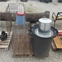 (AB) Animal Cages, Trash Can, Heated Buckets, And