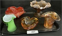 Carnival, Fenton, Murano Candy Dishes & Vase.