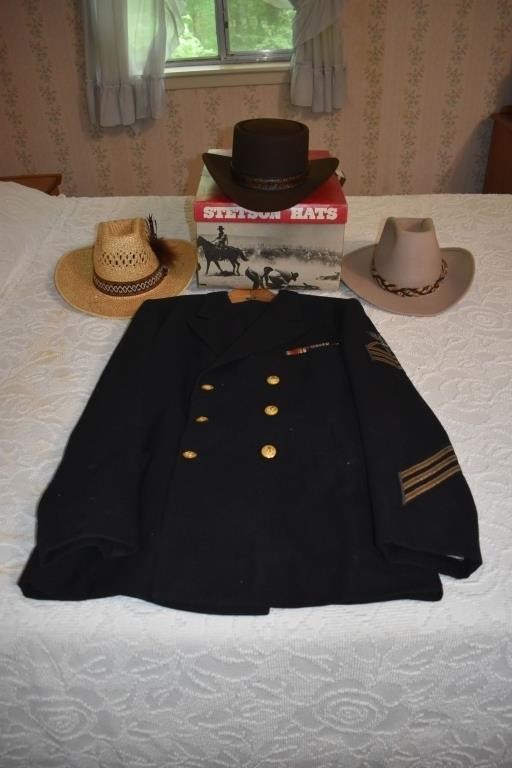 Military uniform and 3 cowboy hats; as is