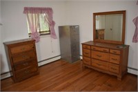 Dresser with mirror, 2 chests, file cabinet, etc.;