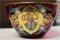 Hand Painted Cranberry Bowl - Rare Figeral Design