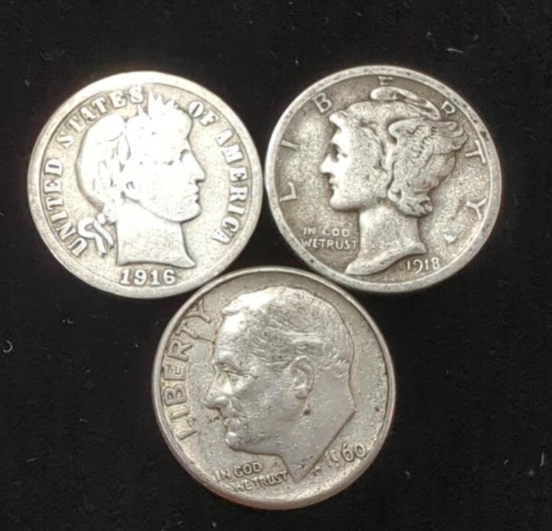 Set of 3 Silver Dimes, 90% Silver, 1916 Barber,