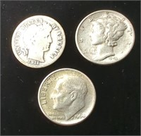 Set of 3 Silver Dimes, 90% Silver, 1911 D