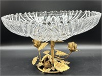 Brass Rose and Crystal Pedestal Bowl