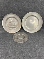 3 Antique Decorated Pewter Plates/ Platters