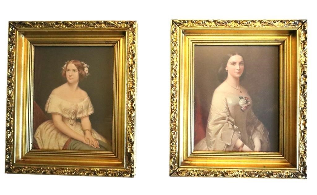 two prints of victorian women in gold gilt frames