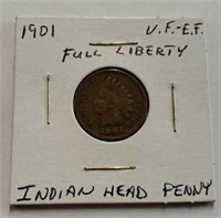 1901 Indian Head Penny: Full Liberty V.F - E.F.