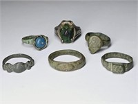 6 Ancient/ Antique Rings: Real Scarab, Silver Tone