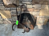 Ice tongs, iron fireplace backing,