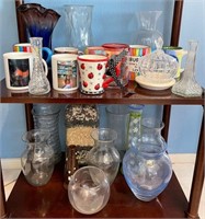 T - LOT OF CERAMIC MUGS & GLASS VASES (P54)