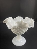 Ruffled Edged Hobnail Milk Glass Pedestal Bowl