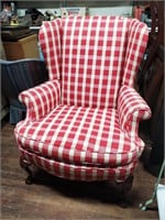 Red & White Checkered Wing Back Chair w/Ball &