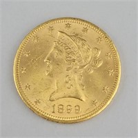 1899 90% Gold Half Eagle Ten Dollar Coin.