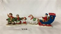 2 Lefton colonial village figurines, kids & mail