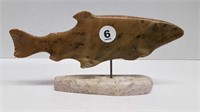 SIGNED SOAPSTONE FISH CARVING ON STAND