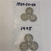 SILVER Mercury Dime LOT x 6 1924-45