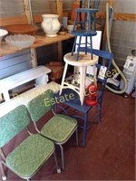 Metal chair, two children's chairs, metal stool,