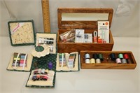 Wood Box with Sewing Notions & Singer Kit