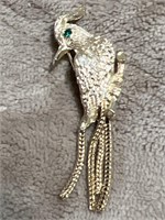 Vintage bird brooch with chain tail feathers and