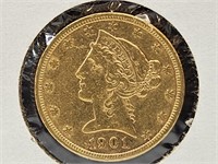 1901 S US 1/4oz Gold $5 Coin