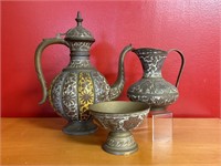 Three Pieces India Etched Enameled Brass