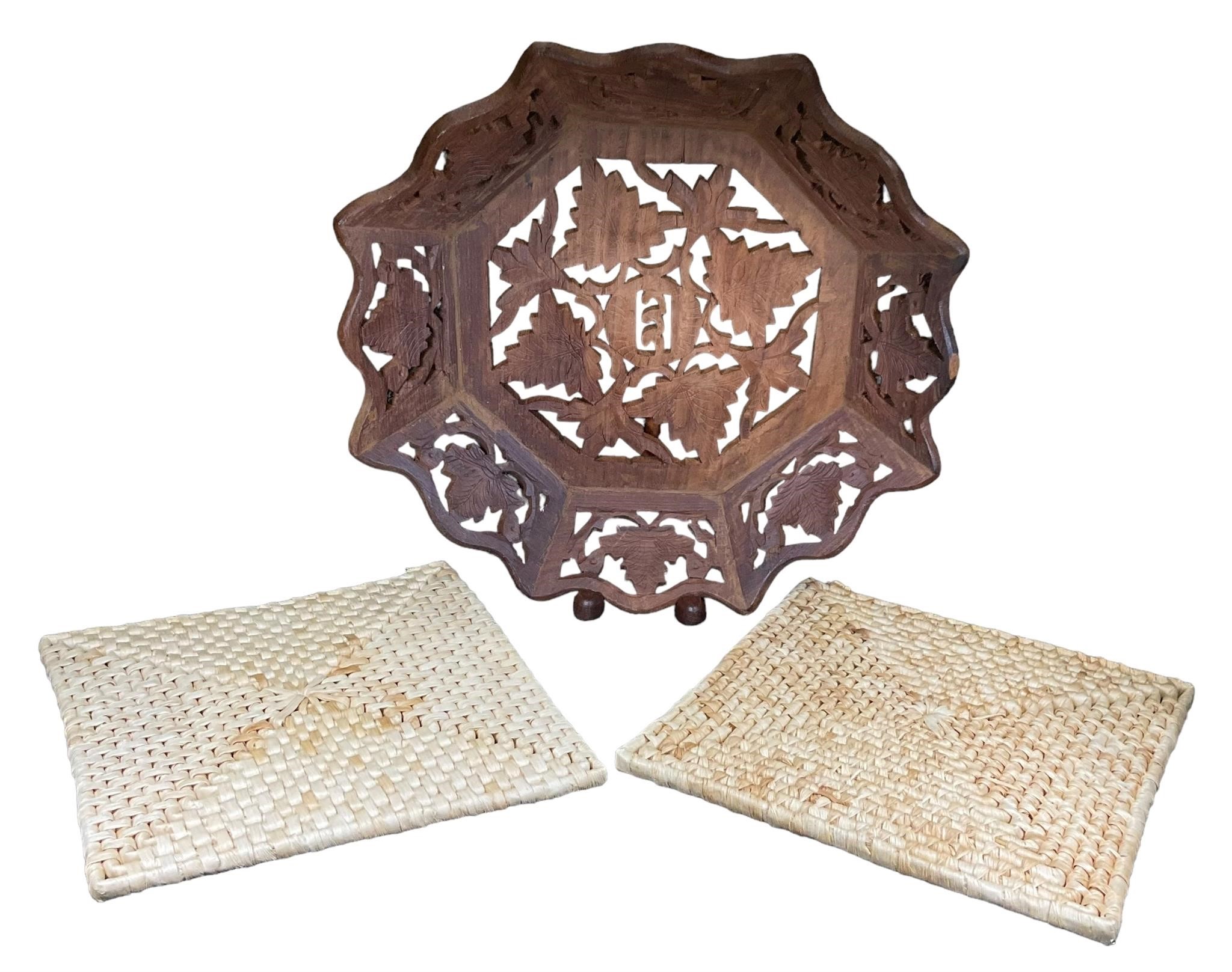 Wood Carved Bowl & 2 Woven Trivets
