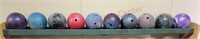 10 qty bowling balls on top row