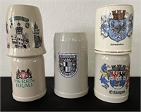 5 German Pottery Beer Steins Mugs Advertising