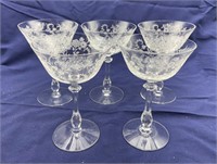 Set of 5 Tiffin “Rambling Rose” Etched Stems c1948