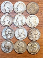 12 US Silver Washington Quarters Various Dates