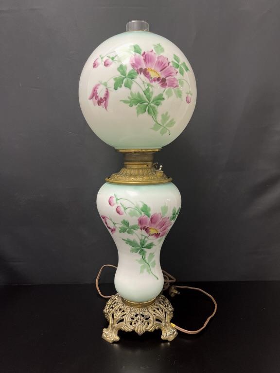 Antique Electrified Floral Table Oil Lamp