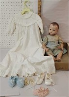 Box - composition doll, christening gown, baby