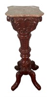 CARVED MAHOGANY PEDESTAL WITH MARBLE TOP