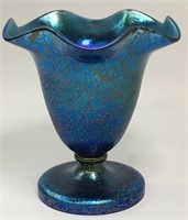 Blue Iridescent Art Glass Footed Cup