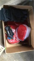 Gloves, plastic containers, etc.