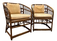Mid Century Bamboo, Velvet Barrel Chairs, Pair