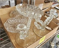 TRAY OF CUT CLEAR, CANDLE HOLDERS, MISC
