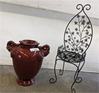 METAL CHAIR STYLE PLANT STAND, GLAZED POTTERY