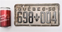 Plaque d'immatriculation, Québec, 1958