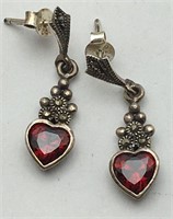 Sterling Silver Red Stone Heart Earrings