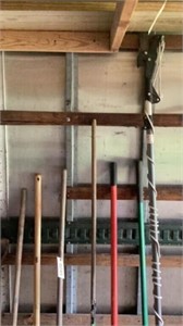 Pole saw, shovels, rake, hoes, square shovel