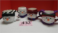 SET OF 4 SNOWMAN MUGS, ONE NOSE IS CHIPPED