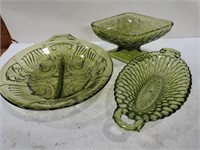 3  green glass dishes