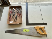 Pliers, wire cutters, square, hand saw