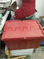 Red flip top storage crate
