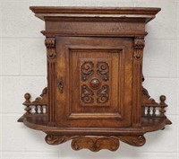 Antique carved oak wall cabinet - 31" wide x
